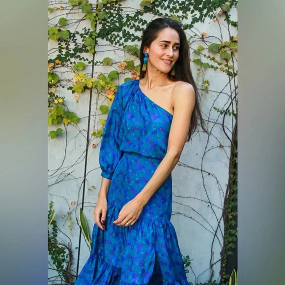 Veronica Beard Lyric One-Shoulder 100% Silk Top in Cobalt Multi Floral - Picture 5 of 14